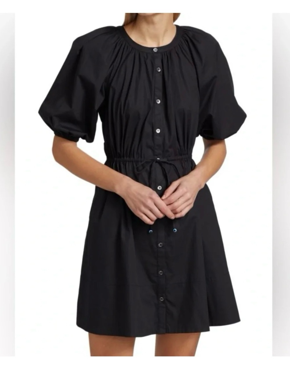 STAUD Black Button-Down Puff Sleeve Mini Dress